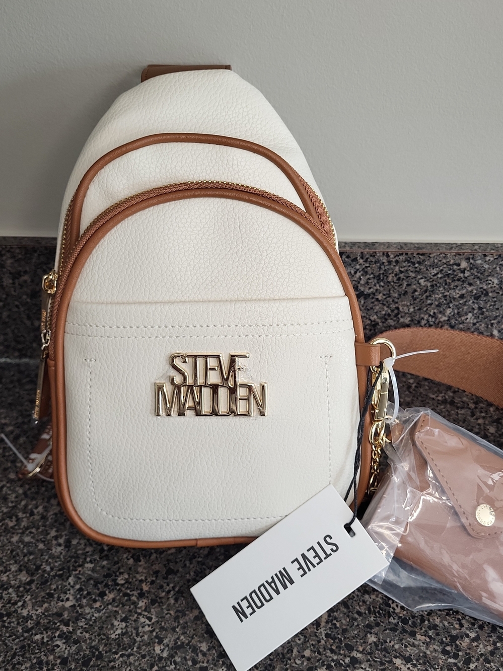 Steve Madden White & Tan Pebbled Mini Backpack Crossbody